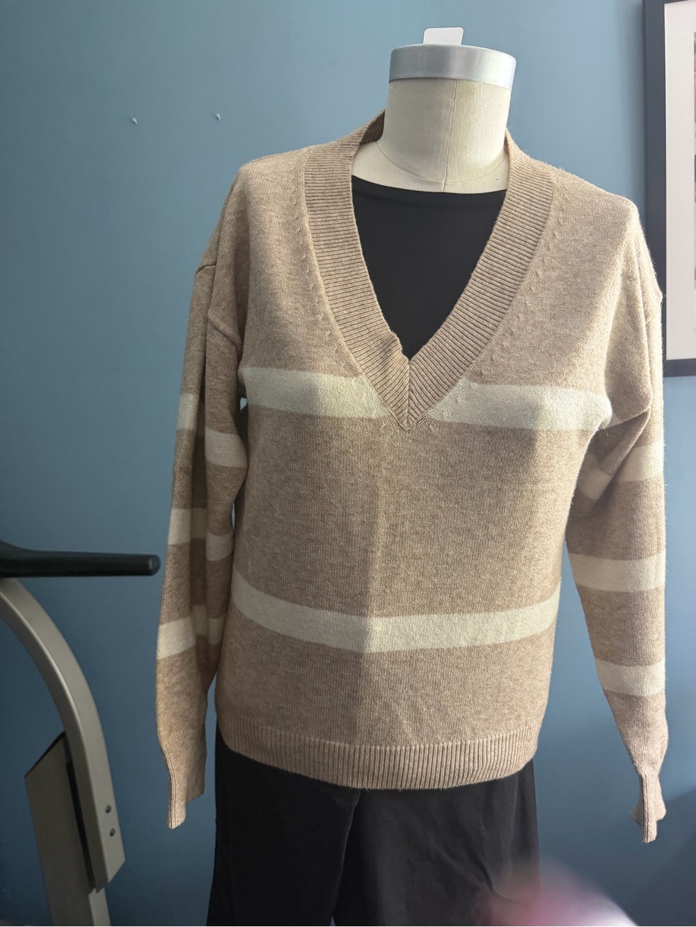 Lovestitch Striped V-Neck Sweater in Beige and Cream